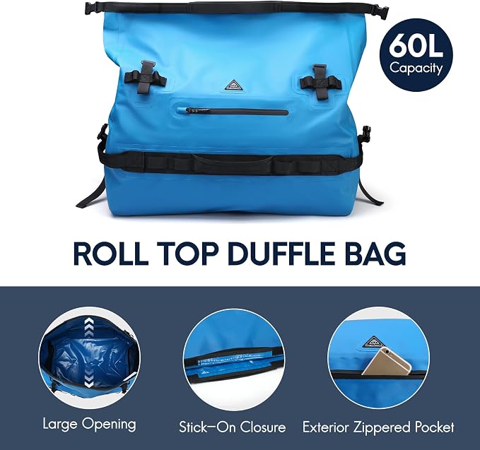 Haimont IPX7 Waterproof Roll-Top Dry Duffel Backpack | 60L/90L Sizes, 500D Tarpaulin, Welded Seams, Mesh Pockets, Boating & Kayaking - Image 5