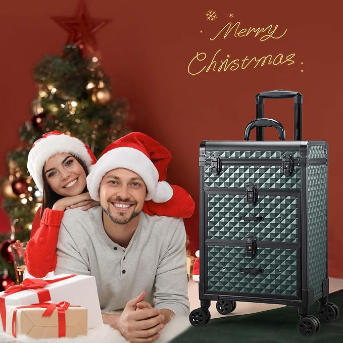 Professional Rolling Makeup Train Case with Drawers, Makeup Case on Wheels, Nail Tech Rolling Cart Storage Organizer Trolley Make up Case for Travel Makeup/Nail Art/Hair Styling, Dark Green - Image 7