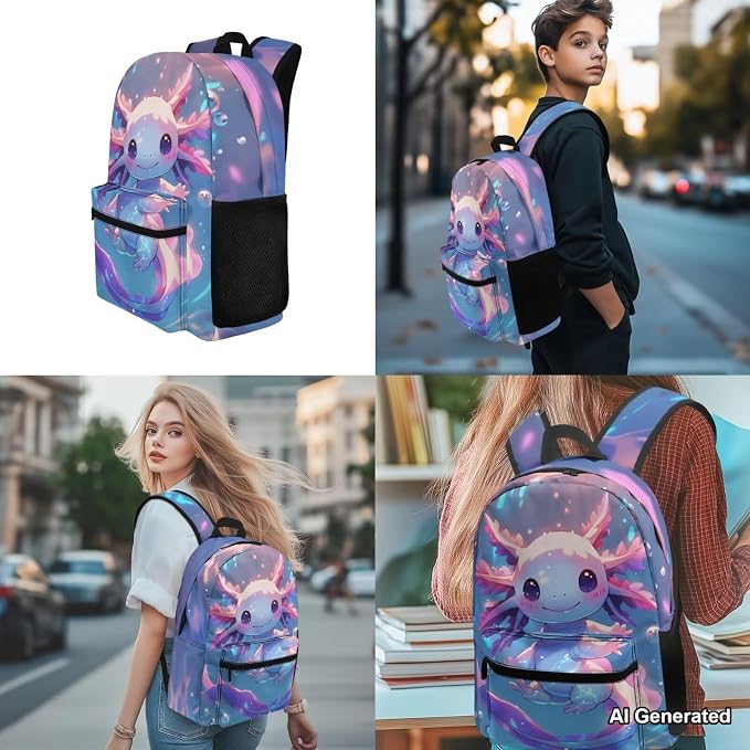 Adorable Axolotl Bookbag and Lunch Box Set for Girls Lightweight Cute Backpacks for 5th Grade Girls for Kindergarten Primary Elementary 17 inch Travel Back Pack Purse with Adjustable Starps - Image 4