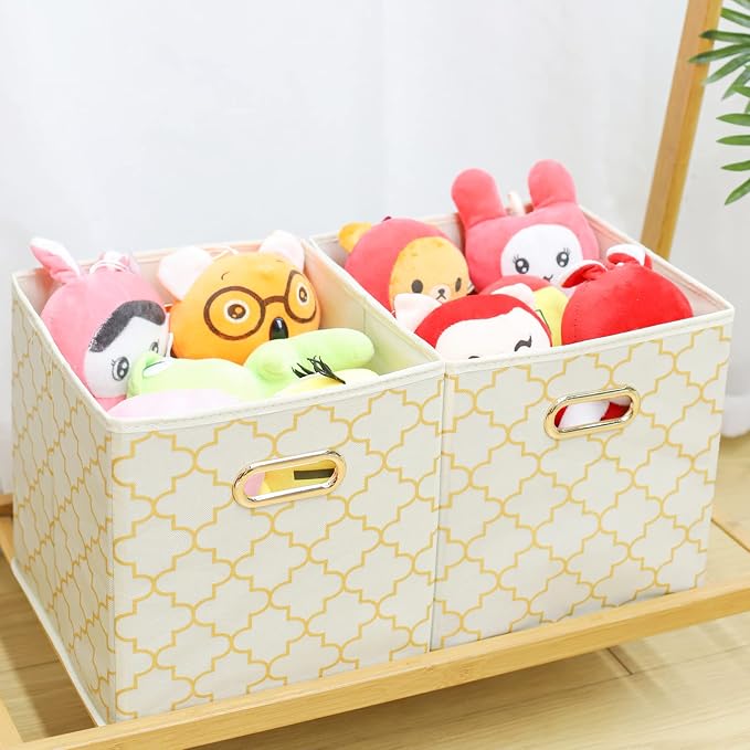 Fabric Cloth Storage Bins,Fabric Cube Organizer with Dual Handles Foldable Cube Storage Baskets for Home Bedroom Storage,Set of 3,(Creamy-White Gold) - Image 5