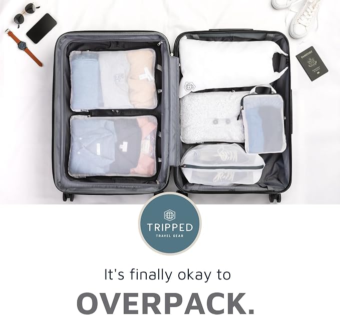 Large Packing Cube Set with See Through Mesh- Compression Packing Cubes Travel Organizers by TRIPPED Travel Gear (White) - Image 7