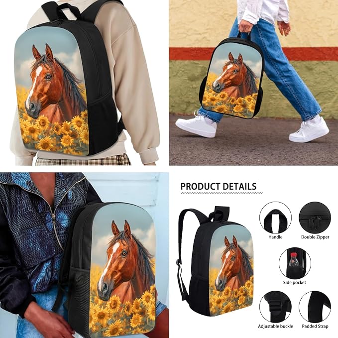Mumeson Horse Sunflower Backpack Set for Women Girls Teen School, Big Capacity Bookbag Rucksack with Insulated Lunch Bag and Small Pencil Case, 3 Piece Back to School Supplies Set - Image 4