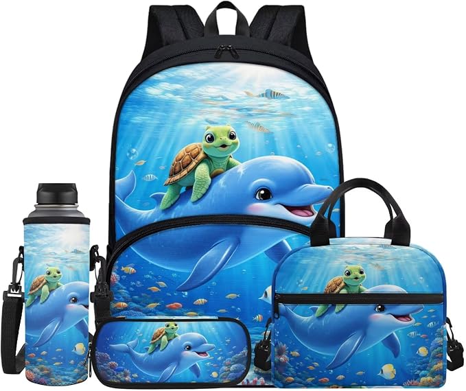 Sea Turtle Dolphin School Backpack for Kids Girls Boys Teens 17 in Bookbag Set 4 Pcs Elementary College Students School Laptop Backpack Lunch Box Pen Case Water Bottle Carrier Bag by Jndtueit