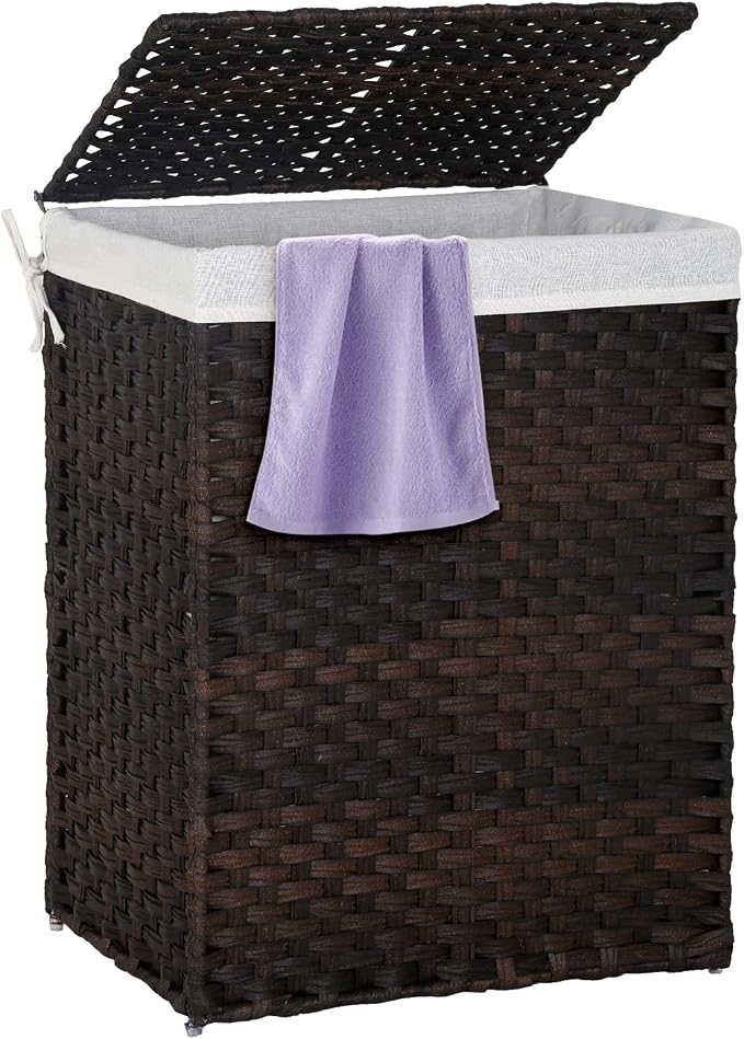 Paylesshere Laundry Hamper Handwoven Laundry Basket 90L/110L Foldable Rattan Laundry Hamper With Lid,2 Removable Liner Bags & 6 Laundry Bags,Clothes Hamper for Bathroom, Brown by PayLessHere