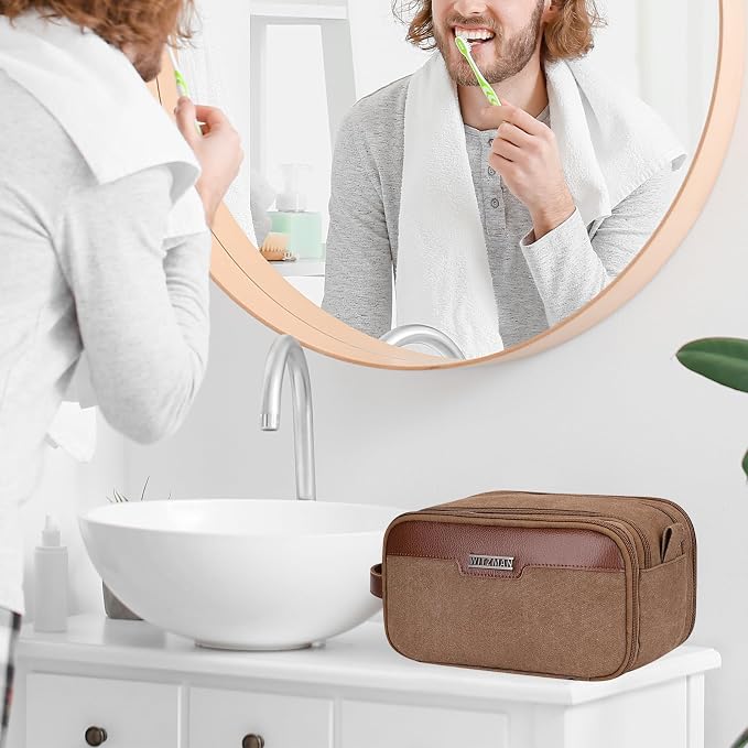 WITZMAN Canvas Toiletry Bag for Men Travel Toiletries Large 7L Dopp Kit | Multi-pockets with Dry-wet Pocket, Side Handle for Hanging, Lightweight, For Daily Use, Bathroom, Make up, A8002 Brown - Image 2
