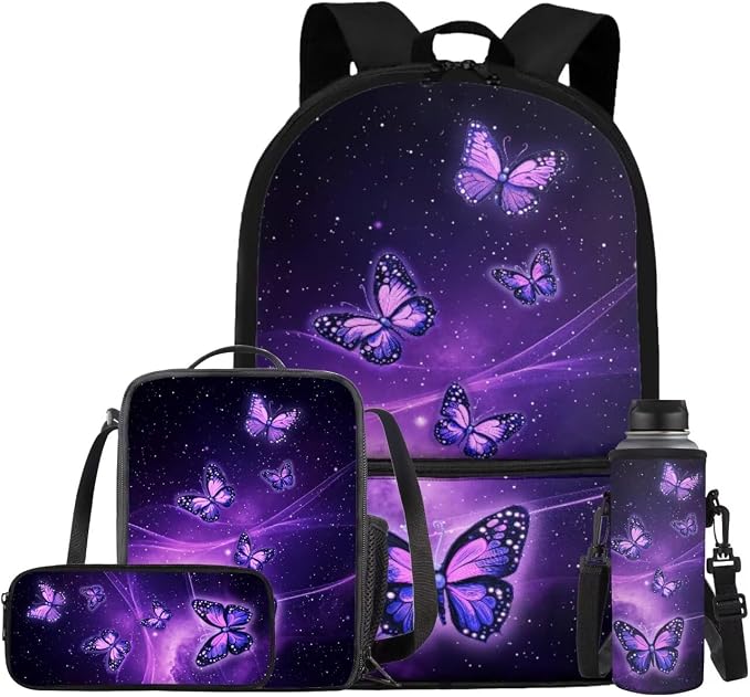 Galaxy Butterfly Backpack for Kids Girls Backpack with Lunch Box Water Bottle Carrier with Strap and Big Pencil Case 4PCS Set Bookbag with Front Pocket for School 17" Lightweight School Bag by ELEDIZI