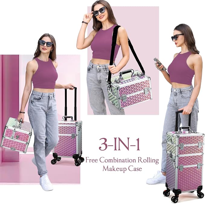 Rolling Makeup Train Case, 3-in-1 Makeup Trolley, Cosmetology Case on Wheels, Travel Makeup Organizer Case for Salon Barber Cosmetology Students, Nail Technicians, Hairstylists, and MUAs, Shiny Pink - Image 2