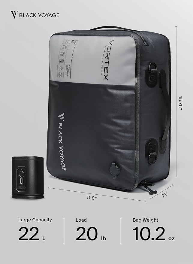 Black Voyage Reusable Vacuum Compression Travel Bag for Carry-On Suitcase and Backpack, Recycled IPX8 Waterproof Space Saver Vacpack (2-Pack, 21L - Pump Included) - Image 9