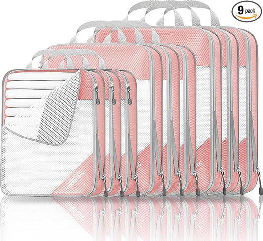 9 Set Compression Packing Cubes for Travel - Compressible, Lightweight, and Space-Saving Packing Cubes, Travel Essentials for Women, Pink by NICOSHOW