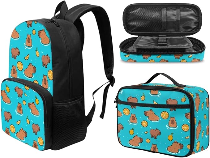 Capybara Backpack for School with Lunchbox and Pencil Case Kawaiian Backpacks for Girls Boys 17 Inch Kid's Schoolbag for Elementary Middle High School, 3 Piece - Image 2
