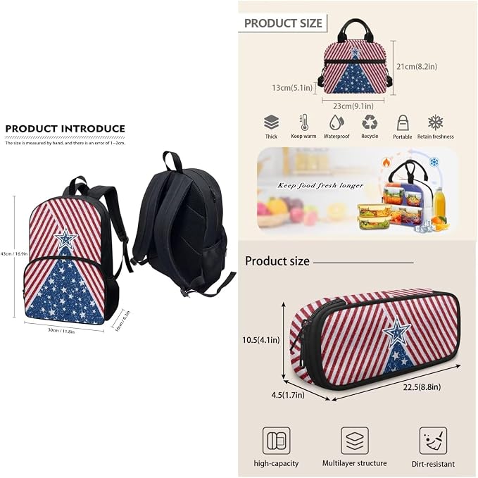Red American Flag Stripes Stars Backpack Set for Girls Kids Lightweight Cute School Backpack with Lunch Box Pencil Case Adjustable Strap Padded Book Bag Insulated Lunch Bag - Image 2