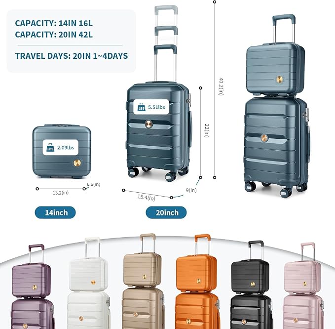 Somago 20" Carry On Luggage and 14" Mini Cosmetic Cases Travel Set Lightweight Polypropylene Suitcase with TSA Lock YKK Zipper Hardside Luggage with Spinner Wheels (2 Piece Set, Ice Blue) - Image 8