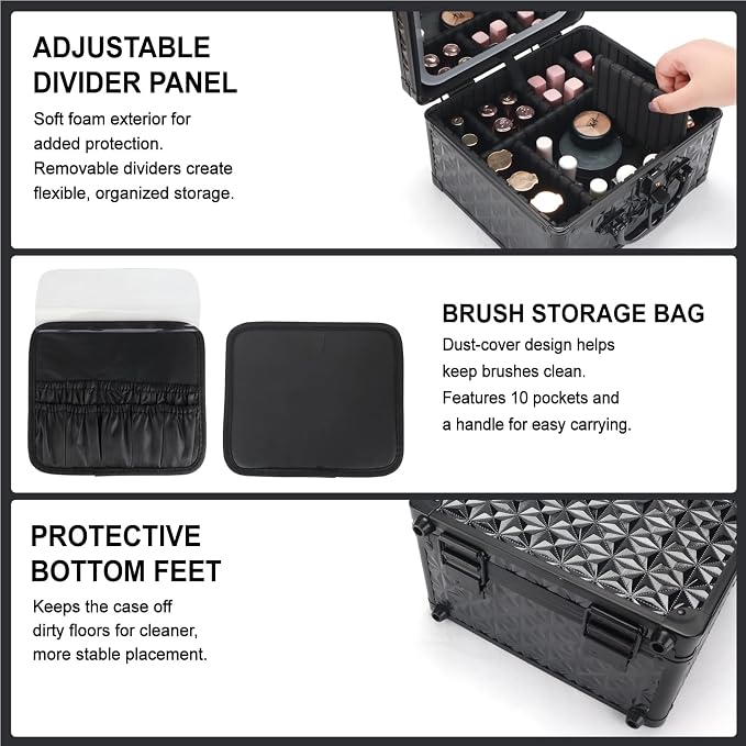 Makeup Case with LED Mirror, Portable Lockable Vanity Case, Travel Makeup Train Box for Women, Cosmetic Organizer, Detachable 3-Color Lighted Mirror, Adjustable Dividers, Brush Holder - Image 4
