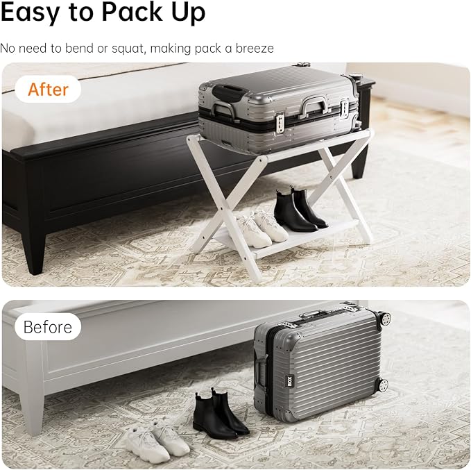 HITNET White Luggage Rack, Set of 2, Folding Suitcase Stand with Storage Shelf, Bamboo Luggage Holder with 5 Nylon Straps for Guest Room Bedroom Hotel - Image 6