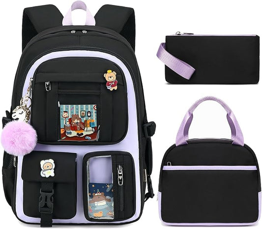 LXYGD Laptop Backpacks 16 Inch School Bag College Backpack 3 PCS with Lunch Box Pencil Pouch Set Large Travel Daypack Kawaii Bookbags for Teens Girls Women Students (Black Purple) by LXYGD
