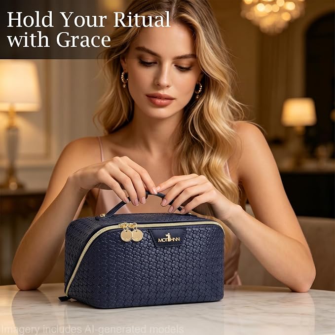 Travel Makeup Bag for Women: 3 Pcs Set Cosmetic Bags for Women - Large Capacity Vagen Leather Hand-made for Toiletry Organizer - Waterproof Ladies Travel Flat Open Essentials for Luxury (02Blue) - Image 3