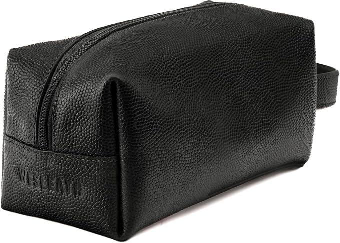 Leather Toiletry Bag for Men – Water Resistant Travel Dopp Kit - Premium Full Grain Leather Cosmetic Case- Perfect Gifts for Him - Mens Toiletry Bag (Black) by FinecraftedLeatherGoods