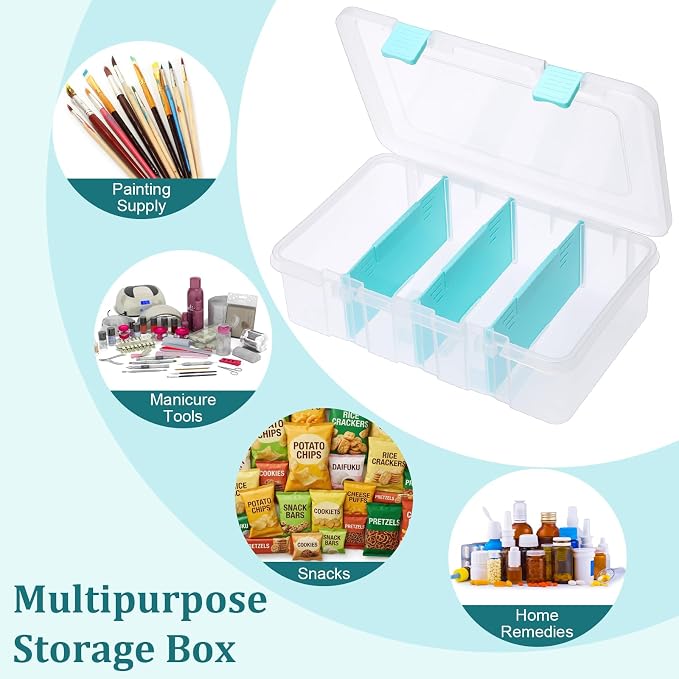 BTSKY Clear Plastic Dividing Storage Box with 4 Compartments Adjustable Storage Bin with Lid Plastic Craft Storage Container Multipurpose Sewing Box Art Supply Organizer, 13.3x8.1x3.4 Inches - Image 7