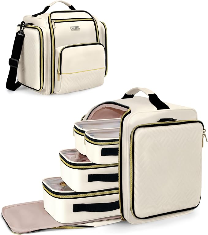 BAFAMYE Large Travel Makeup Bag - Cosmetic Organizer with 4 Removable Inner Pockets, Multi-functional Toiletry Bag for Accessories & Brushes, Women's Beauty Case, Beige by BAFAMYE