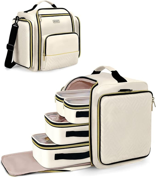 BAFAMYE Large Travel Makeup Bag - Cosmetic Organizer with 4 Removable Inner Pockets, Multi-functional Toiletry Bag for Accessories & Brushes, Women's Beauty Case, Beige by BAFAMYE