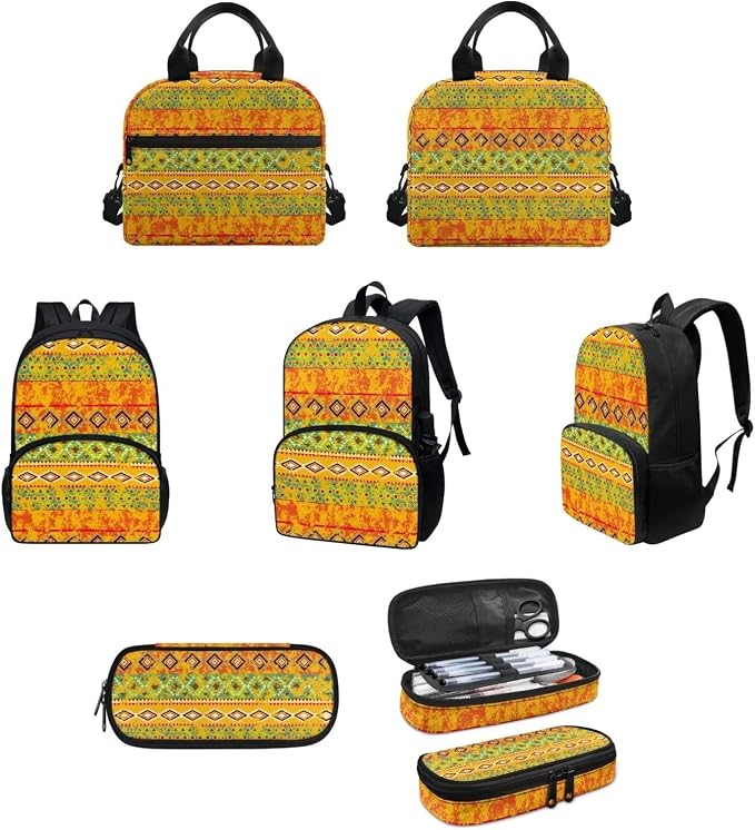 Orange Tribal Aztec Backpack with Lunch Box and Pencil Case Girls Comfy Padded Cute School Backpack Set of 3 Bookbag for Student Lightweight Large Capacity Daypack - Image 3