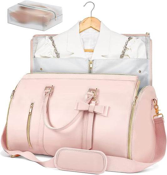 Garment Bags for Travel, Convertible Suit Travel Bag for Women, Stylish Carry On Garment Bag with Toiletry Pocket, Shoulder Strap and Shoes Compartment, 2 in 1 Foldable PU Leather Duffle Bag, Pink by STHMEOOHT
