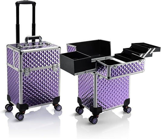 Stagiant Rolling Makeup Train Case Large Storage Cosmetic Trolley 4 Tray with Sliding Rail Removable Middle Layer with Key Swivel Wheels Salon Barber Case Traveling Cart Trunk by Stagiant