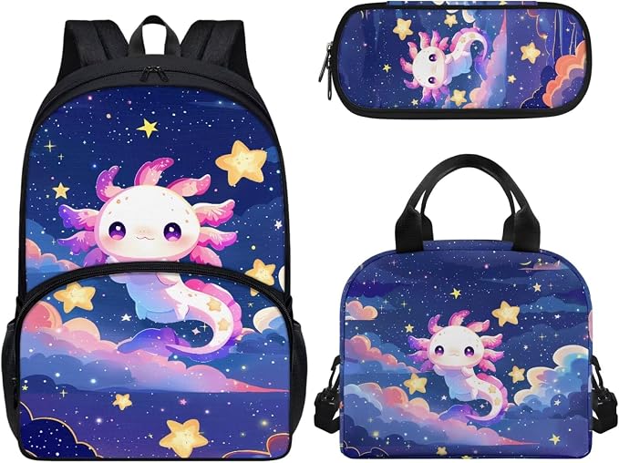 Axolotl Backpack with Lunch Box Pencil Case 3 in 1, Kids School Bag Girls Book Bags Lightweight Backpacks for Travel Sports Gym by CndexdWearfunPrintjoy