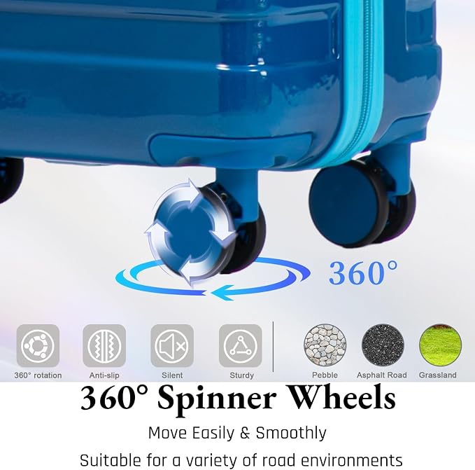 3-Piece Luggage Set 20/24/28’’ Hard-shell with 360° Spinner Wheels, Gradient Color Suitcase with Combination Lock, Lightweight PC Material, (Navy+ Light Blue) - Image 3