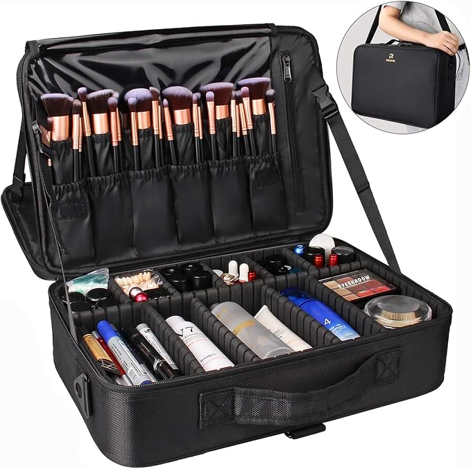 Relavel Makeup Case Large Makeup Bag Professional Train Case 16.5 inches Travel Cosmetic Organizer Brush Holder Waterproof Makeup Artist Storage Box, 3 Layer Large Capacity, with Adjustable Strap - Image 7