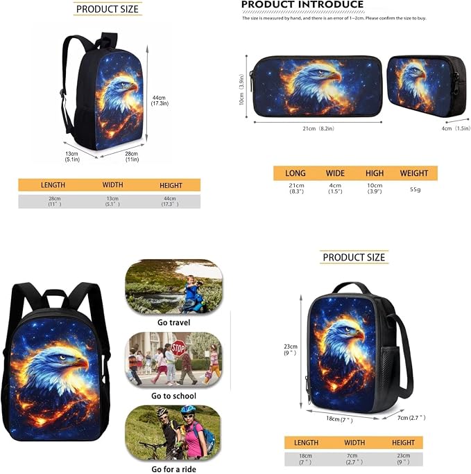 Mumeson Eagle Flame 3 in 1 Backpack for Students,Lightweight School Bags Rucksack Large Bookbags Backing to School Daypack Insulated Lunch Tote Bag with Pencil Case Pouch Storage - Image 5
