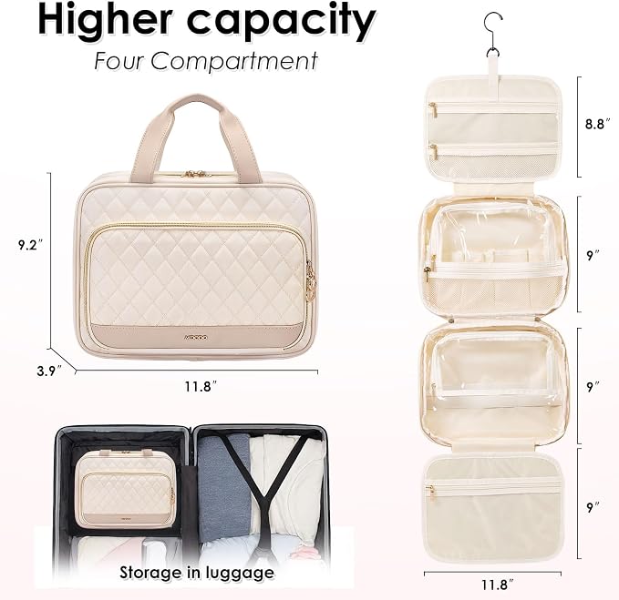 MDODO Travel Toiletry Makeup Bag for Women Hanging Toiletry Bag Cosmetic Organizer Make up Bags for Women Travel Makeup Essentials, Beige - Image 2