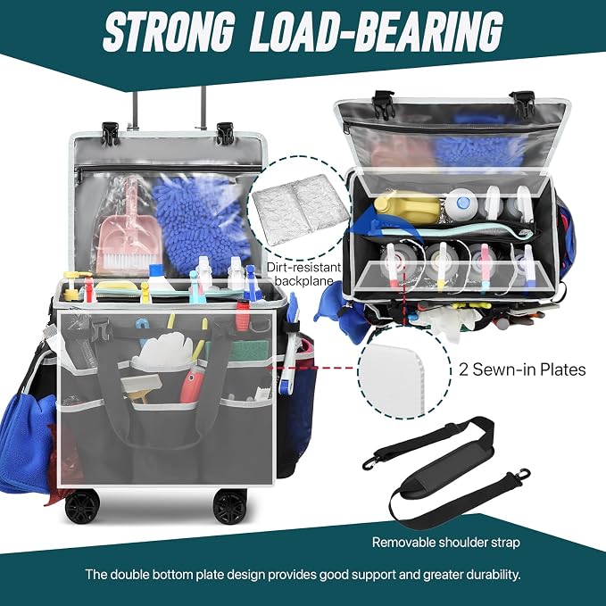Large Rolling Cleaning Caddy Bag with Detachable Trolley, Full Support Plates for Professional Cleaning Supplies Bag, Organizer Bag with 4 Universal Wheels for Housekeepers, Car Wash - Image 2