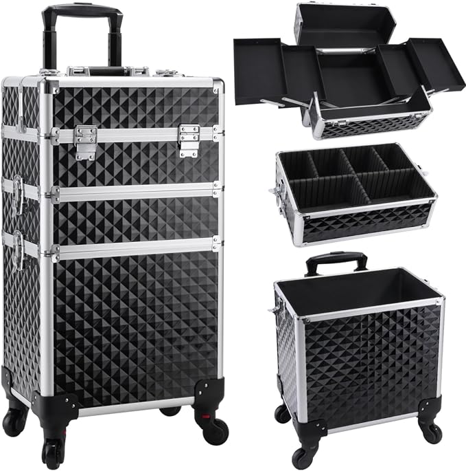 Faquenc Cosmetology Case on Wheels 3 in 1 Rolling Makeup Train Case Nail Tech Makeup Organizers Storage Cart Cosmetic Trolley Travel Barber Suitcase for Make up Artist Manicure Hair Lockable, Black by Faquenc
