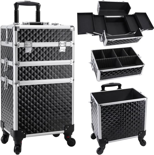 Faquenc Cosmetology Case on Wheels 3 in 1 Rolling Makeup Train Case Nail Tech Makeup Organizers Storage Cart Cosmetic Trolley Travel Barber Suitcase for Make up Artist Manicure Hair Lockable, Black by Faquenc