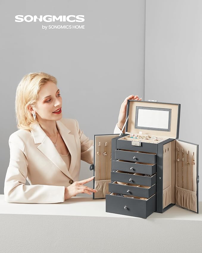 SONGMICS 6-Layer Jewelry Box Organizer with 5 Drawers, Jewelry Storage Case with Lock and Mirror, Large Storage Capacity, Gift for Loved Ones, for Necklaces, Watches, Gray UJBC152G01 - Image 2