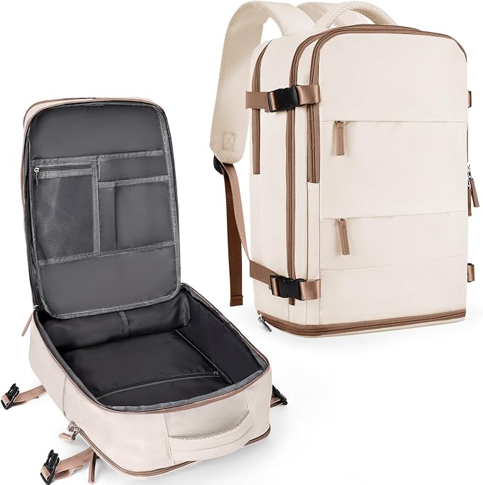coowoz Large Travel Backpack For Women Men,Carry On Backpack Flight Approved,Hiking Outdoor Rucksack Casual Daypack Travel Bag Essentials Personal Item Backpack (Beige Brown-L) by coowoz