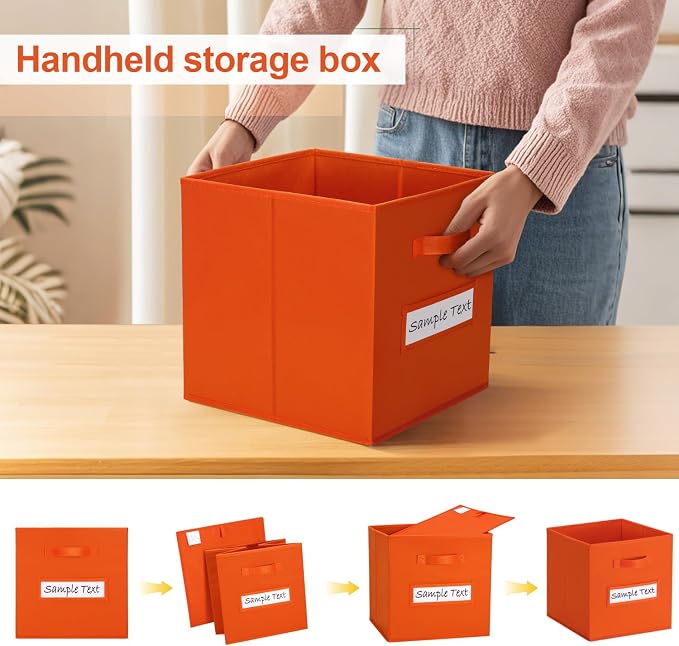 Fabric storage cubes (8 Pack) 11 Inch Cube Storage Bin, cube organizer bins with 8 Labels Window Cards & a Pen, Foldable cube organizer bins and Storage Box, Orange - Image 4