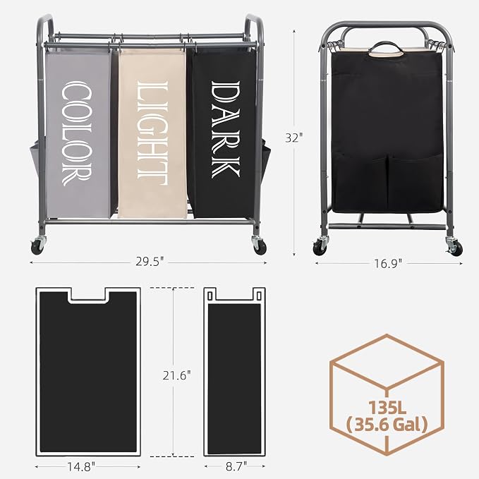 STORAGE MANIAC 3 Section Laundry Sorter, 35.6 Gal (135 L) Laundry Hamper Cart with Heavy Duty Rolling Lockable Wheels and Removable Bags, Clothes Organizer Basket Separator Hamper, Multicolored - Image 3
