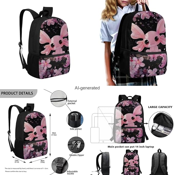Cherry Blossom Axolotl Backpack for Girls Kids Backpack with Lunch Box Water Bottle Carrier with Strap and Big Pencil Case 4PCS Bookbag with Front Pocket for School 17 inch Sturdy School Bag - Image 3