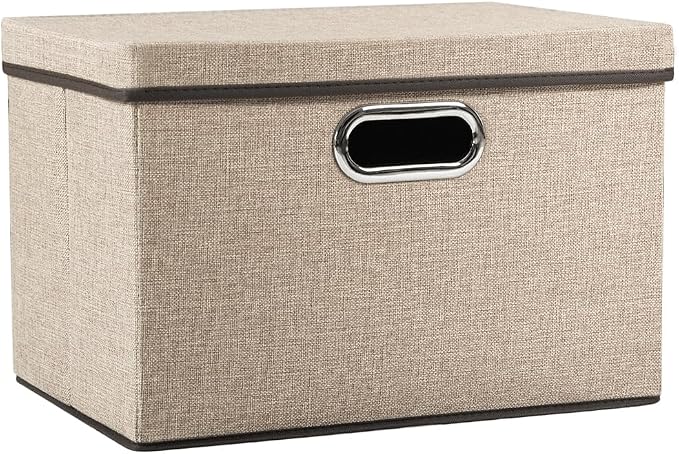 PRANDOM Collapsible Storage Cubes with Lids [1-Pack] Jute Fabric Foldable Storage Boxes Organizer Containers Baskets Bins with Cover for Home Bedroom Closet Office Nursery (14.9x9.8x9.8) by Prandom