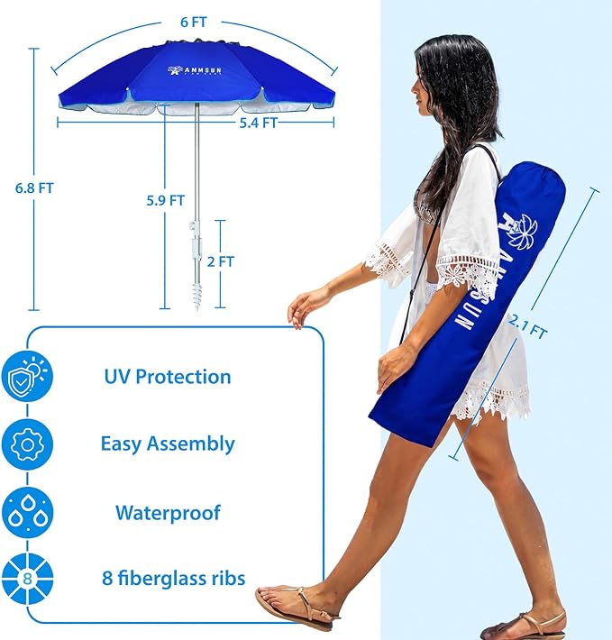AMMSUN 6ft Folded Portable Travel Beach Umbrella with Sand Anchor Tilt Air vent UPF 50+UV Protection Fit In Suitcase Compact Foldable Telescopic umbrellas for Patio Garden Beach Pool Blue - Image 6