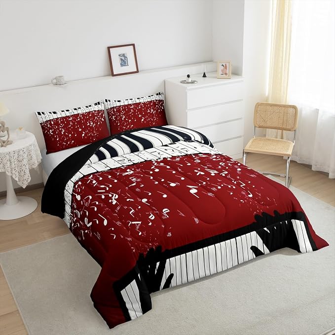 Erosebridal Music Notes Comforter Set for Kids Boys Teens Men Piano Keys Down Comforter King Size Rock Musical Bedding Set Play Piano Duvet Sets Music Bedroom Decor with 2 Pillow Cases Red Black - Image 5