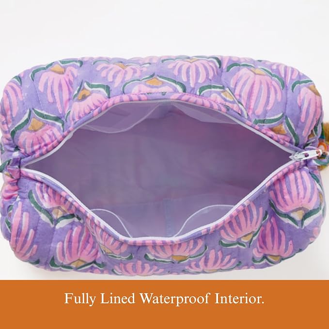 Saffron Marigold Quilted Makeup Bag Set of 3, Hand Block Printed Cotton Cosmetic Bags for Women, Waterproof Lined Travel Toiletry Bag, Coquette Floral Aesthetic, Handmade Gift, Lilac Flame - Image 3