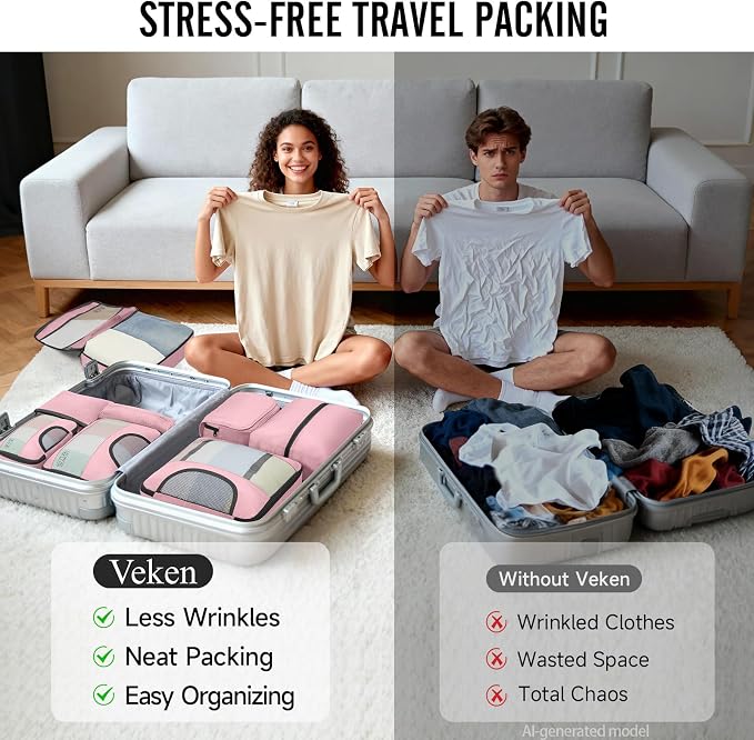 Veken 10 Set Packing Cubes for Travel Essentials,Anti-Wrinkle Buckled Suitcase Organizer for Shoe & Toiletry Bag,Carry On Luggage Bag with 99+ Count Mesh Holes for Airplane & College Dorm Accessories - Image 7