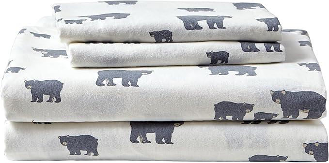 Eddie Bauer - Flannel Sheets Queen Size, Anti-Pilling & Wrinkle Resistant Cotton, Touchably Soft for All-Season Comfort - Bed Sheets with Matching Pillowcases & Fitted Sheet (Bear Family Grey)