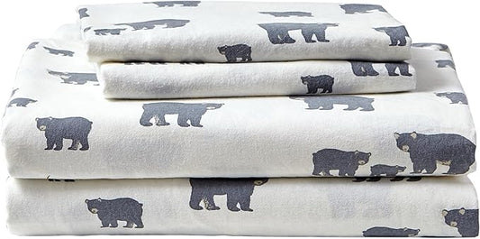 Eddie Bauer - Flannel Sheets Queen Size, Anti-Pilling & Wrinkle Resistant Cotton, Touchably Soft for All-Season Comfort - Bed Sheets with Matching Pillowcases & Fitted Sheet (Bear Family Grey)