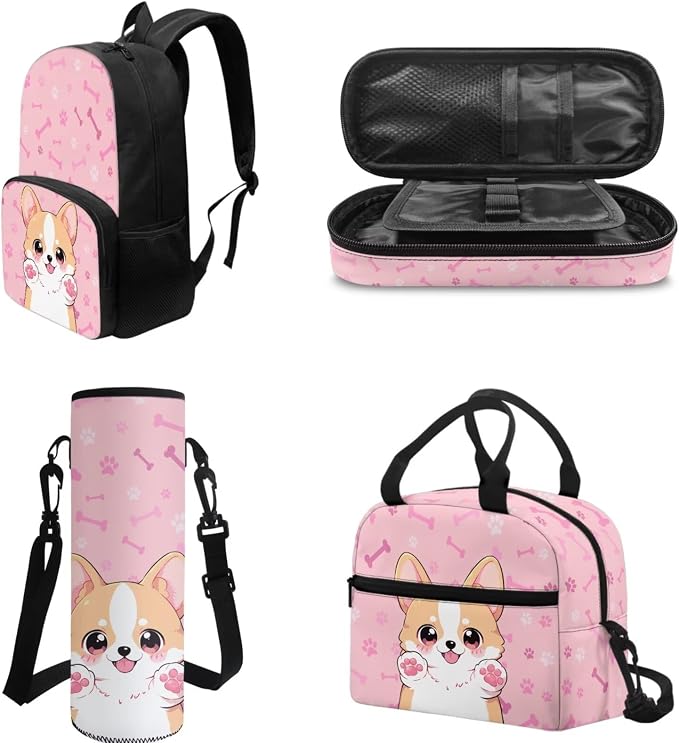 POLERO Pink Corgi Backpack for Corgi Dog Lovers 4Pcs Bookbag with Lunch Box Pencil Case Water Bottle Cover School Bag Set for Girls 4-6 for Preschool First Grade - Image 2
