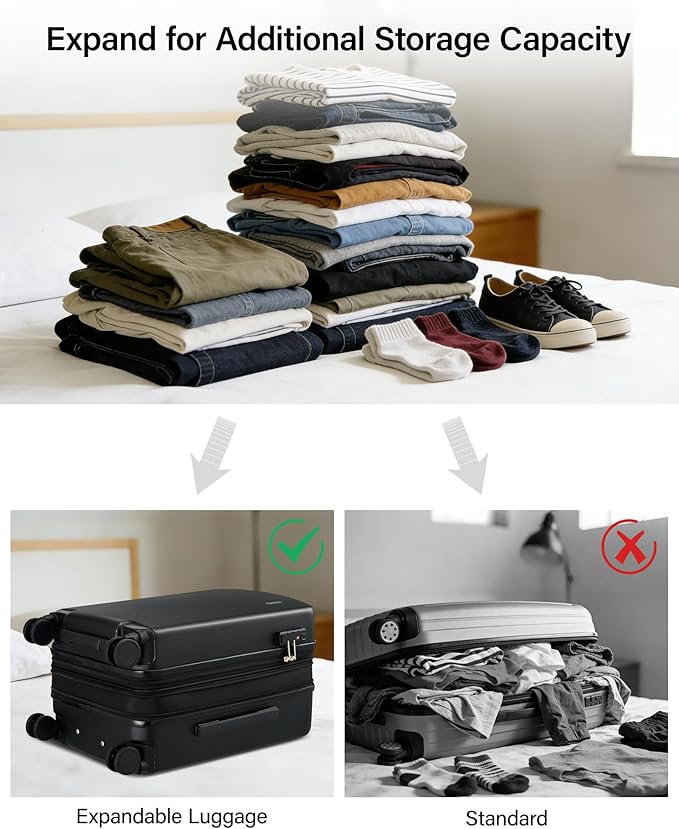 Hanke 24 Inch Expandable Hard Sided Luggage with Spinner Wheels, Checked Luggage for Travel, Hard Shell Suitcases With Wheels Durable Medium Suitcase for Woman Men with Tsa Lock(Jet Black) - Image 4