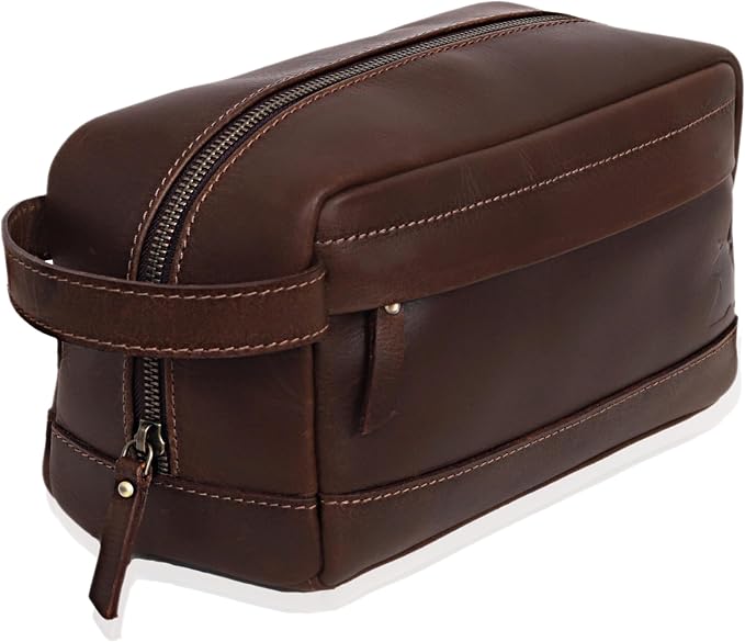 Leather Farm Premium Buffalo Leather Toiletry Bag for Men & Women - Dopp Kit With Water Resistant Lining, Shaving Pouch, Unisex Wash Bag For Toiletries, Gifts For Men and Women - Dark Brown - Image 2